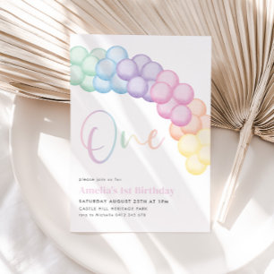Pastel Rainbow Balloon Garland 1st Birthday Party Invitation