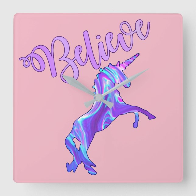Pastel Rainbow Believe In Unicorns Square Wall Clock (Front)