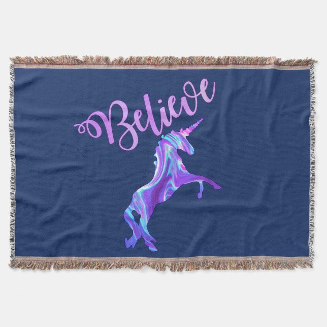 Pastel Rainbow Believe Unicorn Throw Blanket (Front)