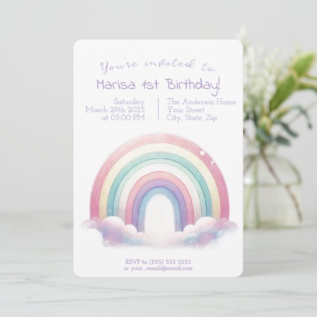 Pastel Rainbow Birthday Invitation - Party Invite (Standing Front)