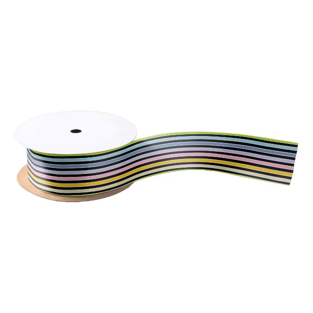 Pastel Rainbow, Black and White Stripes Satin Ribbon (Spool)