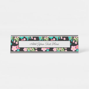 Pastel Rainbow Black Floral Garden Flowers Leaves Desk Name Plate