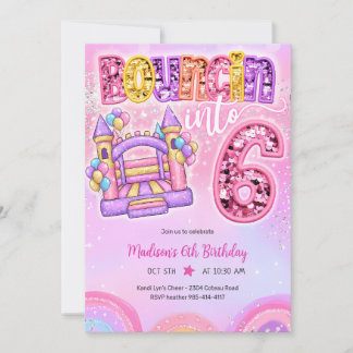 Pastel Rainbow Bounce House 6th Birthday Invitation