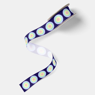 Pastel Rainbow Bullseye Dots Dark Blue Satin Ribbon