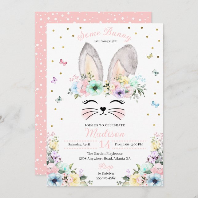 Pastel Rainbow Bunny Ears Flower Crown Birthday Invitation (Front/Back)