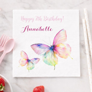 Pastel Rainbow Butterfly 7th Birthday Party Girl Napkin