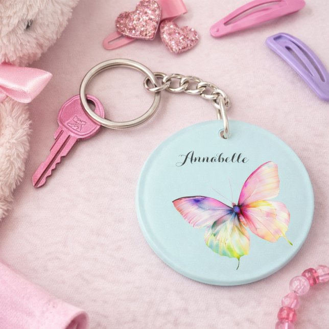 Pastel Rainbow Butterfly Name Design Soft Colours Key Ring (Creator Uploaded)