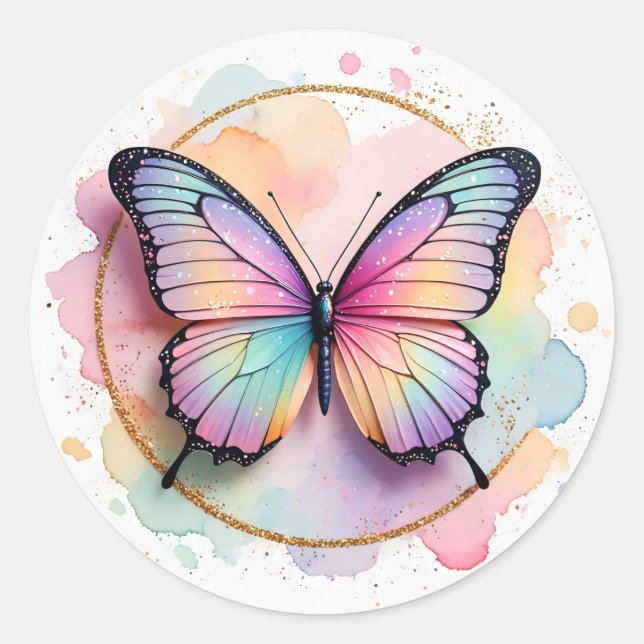 Pastel Rainbow Butterfly Splash Circle Classic Round Sticker (Front)