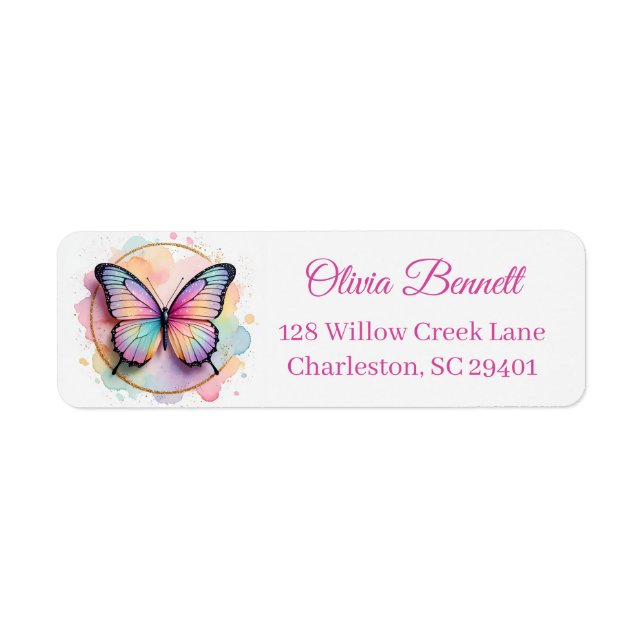 Pastel Rainbow Butterfly Splash Circle Return Address Label (Front)