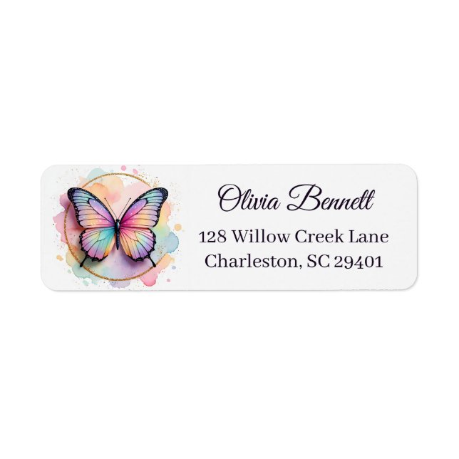 Pastel Rainbow Butterfly Splash Circle Return Address Label (Front)