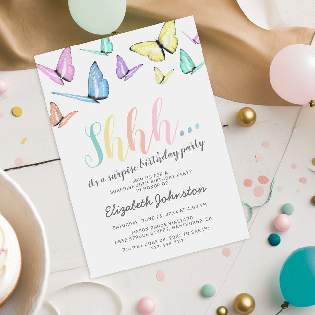 Pastel Rainbow Butterlfies Surprise Birthday Party Invitation (Creator Uploaded)