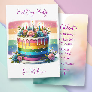 Pastel Rainbow Cake   Birthday Party Invitation