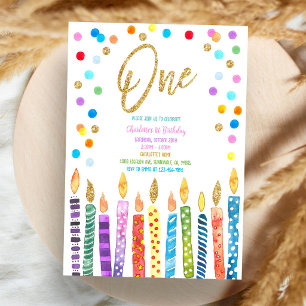 Pastel Rainbow Candle Confetti 1st Birthday Invitation