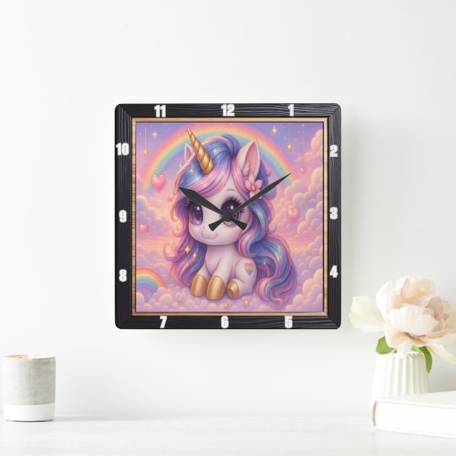 Pastel Rainbow Cartoon Unicorn  Square Wall Clock (Home)