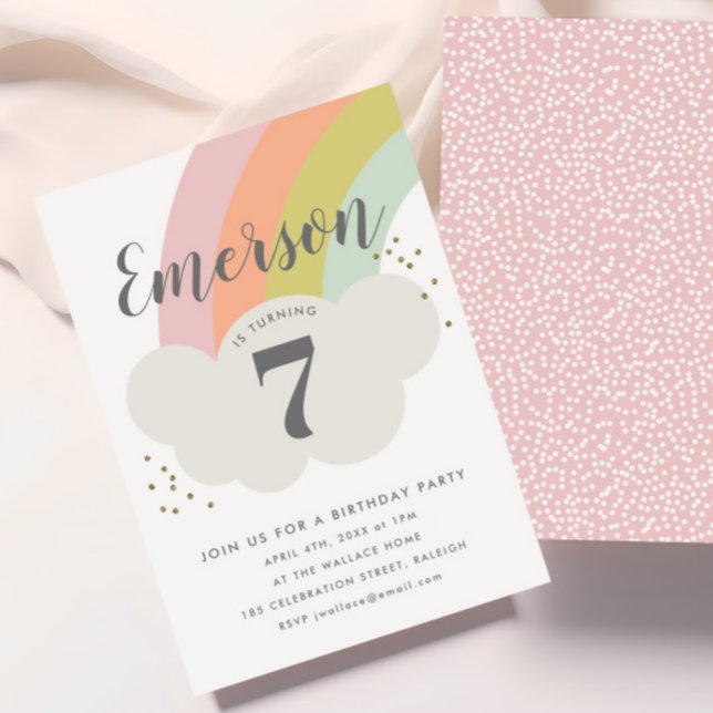 Pastel rainbow cloud childrens birthday party invitation (Kids Rainbow Birthday Party Invitations.)