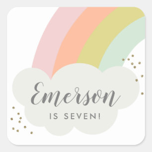 Pastel Rainbow Cloud Kids Birthday Party Square Sticker