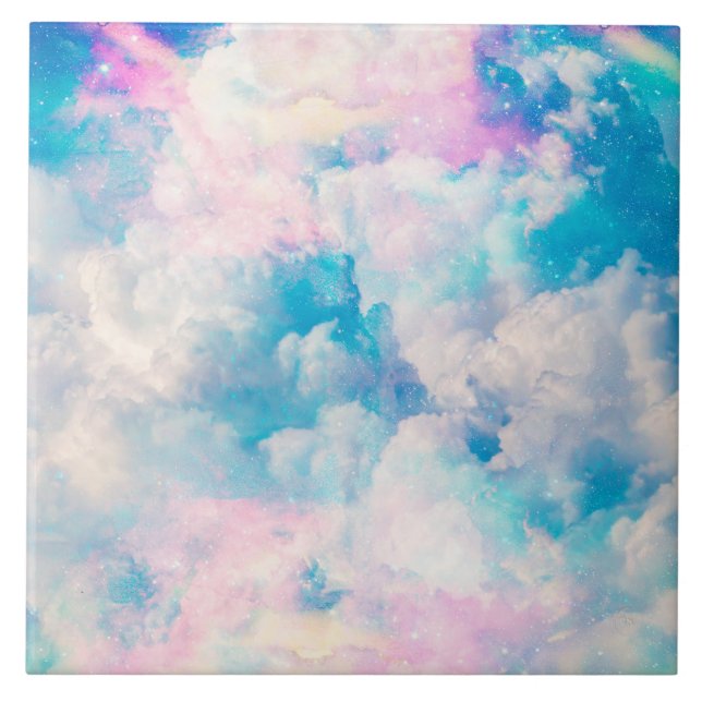 Pastel Rainbow Cloudy Sky Aesthetic Ceramic Tile (Front)