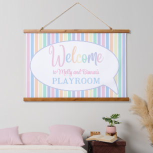 Pastel rainbow color striped welcome kids playroom hanging tapestry