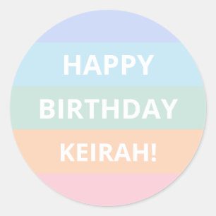 Pastel Rainbow Colour Block Stripes Birthday Name Classic Round Sticker
