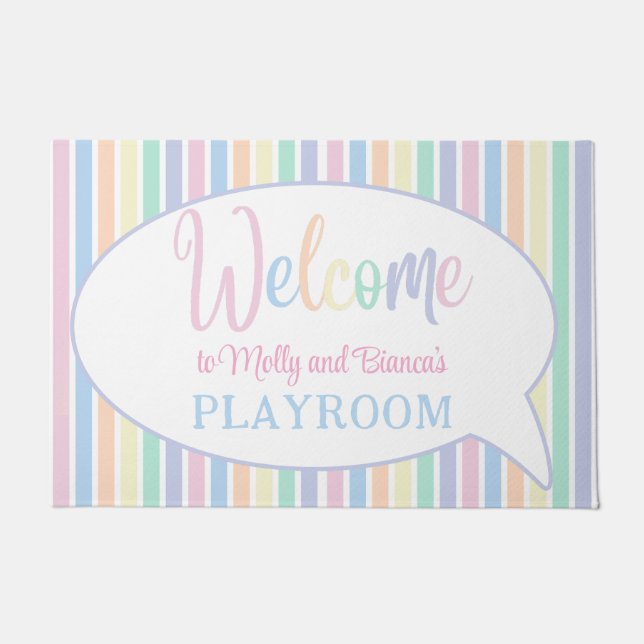 Pastel rainbow colour striped welcome kids playroo doormat (Front)