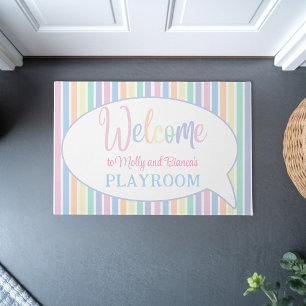 Pastel rainbow colour striped welcome kids playroo doormat