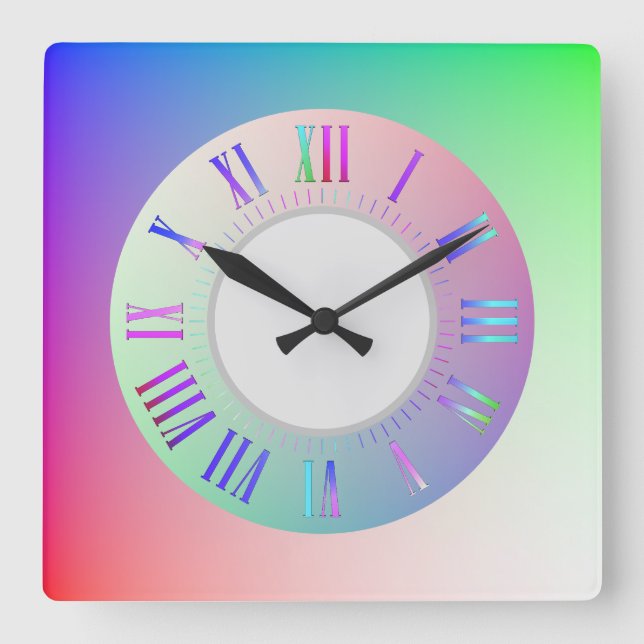 Pastel Rainbow Colourful Roman Hour, Minute Marks Square Wall Clock (Front)