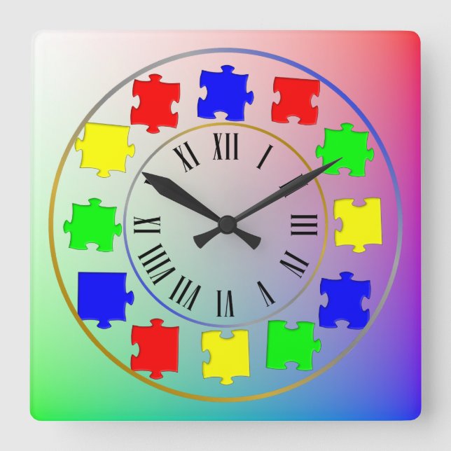 Pastel Rainbow Colours Jigsaw Puzzle on Roman Mark Square Wall Clock (Front)