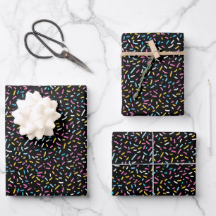 Pastel Rainbow Confetti Sprinkles on Black Wrapping Paper Sheet