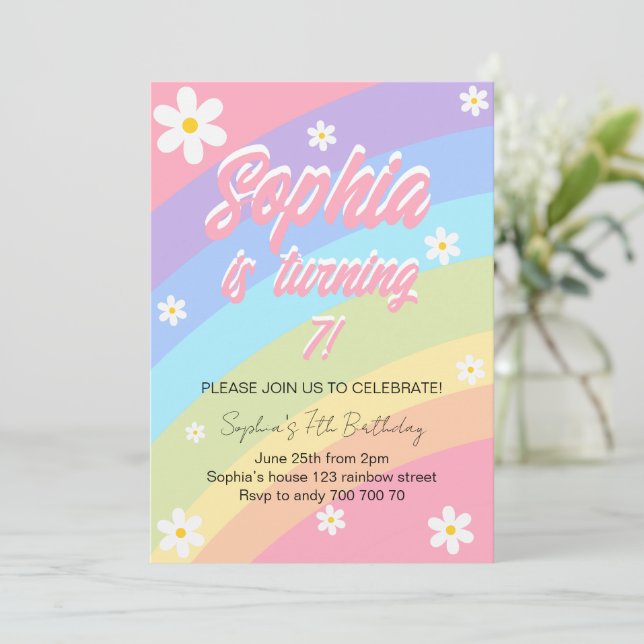 Pastel Rainbow Daisy Flower Birthday Invitation (Standing Front)