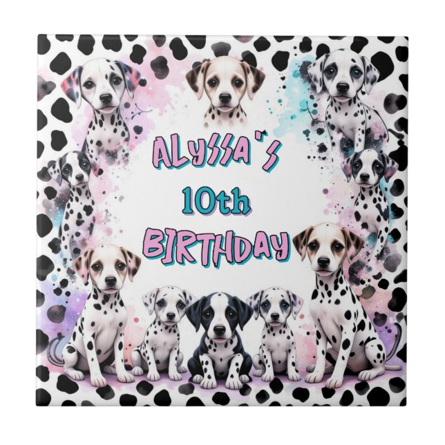 Pastel Rainbow Dalmatian Puppy Birthday Tile (Front)