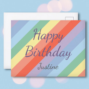Pastel Rainbow Diagonal Stripes Birthday Postcard