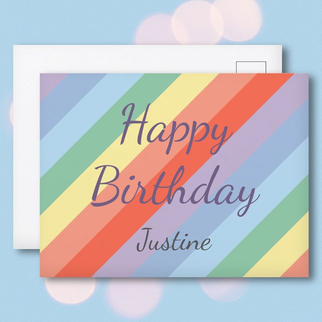 Pastel Rainbow Diagonal Stripes Birthday Postcard (Pastel Rainbow Diagonal Stripes Birthday Postcard)