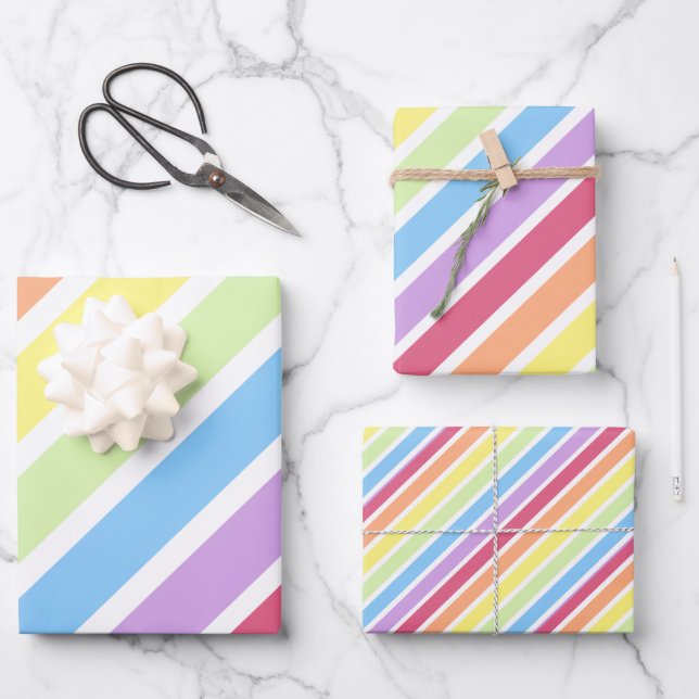 Pastel Rainbow Diagonal Stripes Lines Wrapping Paper Sheet (Front)