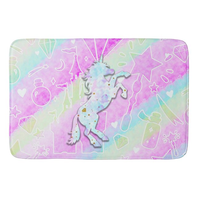 Pastel Rainbow Diamonds & Stars Magical Unicorn Bath Mat (Front)