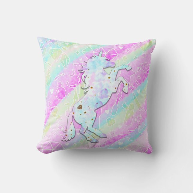 Pastel Rainbow Diamonds & Stars Magical Unicorn Cushion (Front)