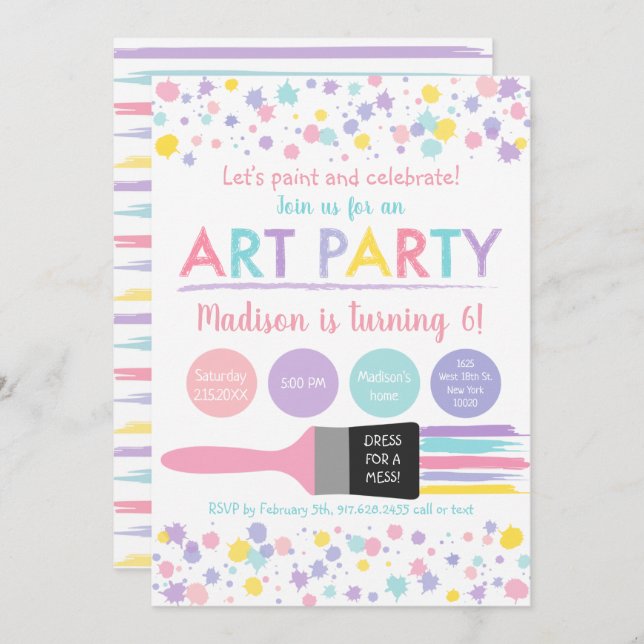 Pastel Rainbow Dress For A Mess Art Party Birthday Invitation (Front/Back)