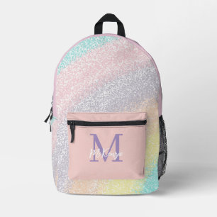 Pastel Rainbow Faux Glitter Monogram and Name Girl Printed Backpack