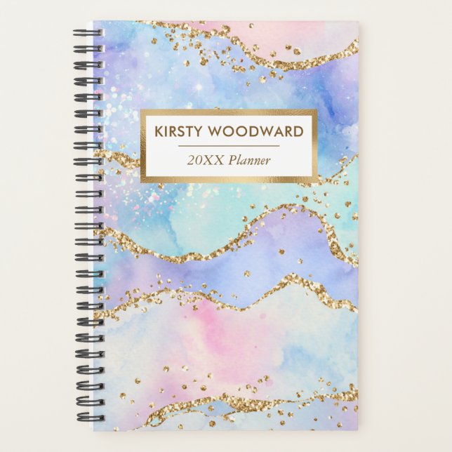 Pastel Rainbow Faux Sequin Gold Glitter Agate Planner (Front)