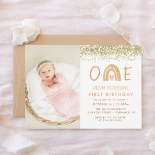 Pastel Rainbow First Birthday Photo Invitation