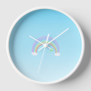 Pastel Rainbow floral on blue sky   Clock