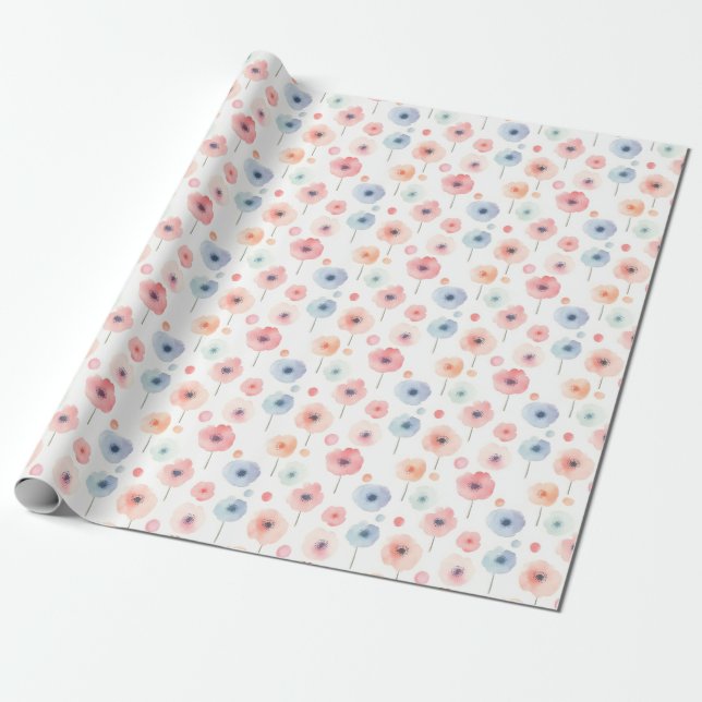 Pastel Rainbow Flowers on White Wrapping Paper (Unrolled)