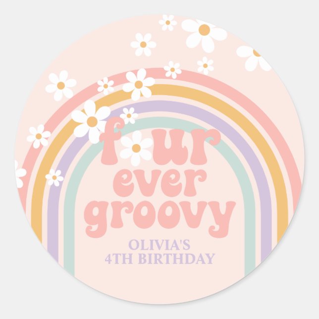 Pastel rainbow four ever groovy 4th birthday classic round sticker (Front)