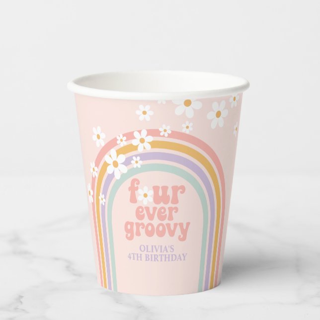 Pastel rainbow four ever groovy 4th birthday paper cups (Front)