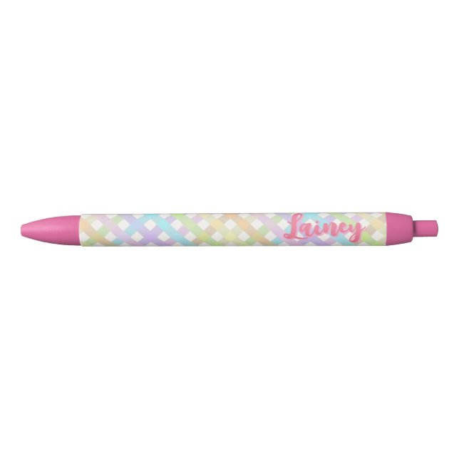 Pastel Rainbow Gingham Plaid Black Ink Pen (Front)