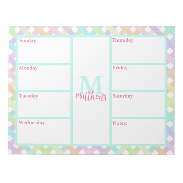Pastel Rainbow Gingham Weekly Planner Notepad (Front)