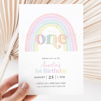 Pastel Rainbow Girls 1st Birthday Party Invitation