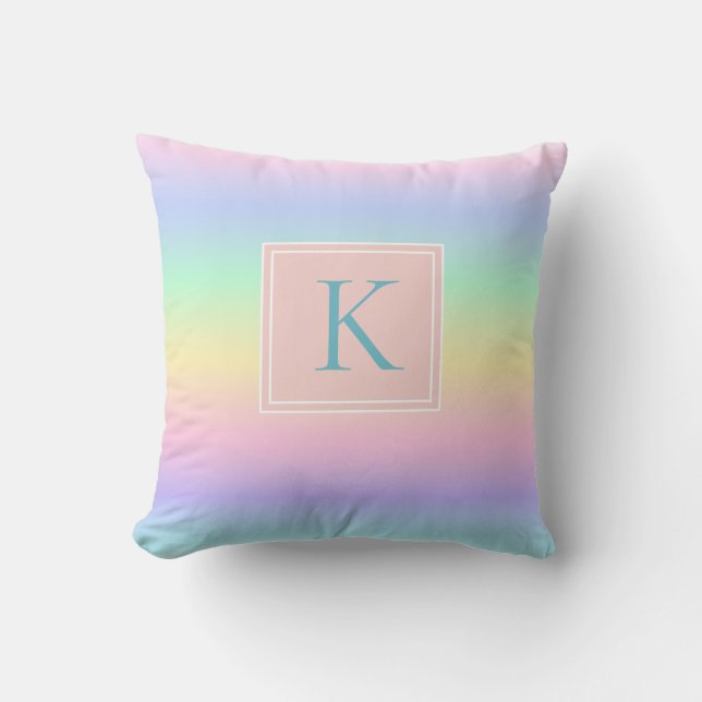 Pastel Rainbow Girl's Initial Throw Pillow (Front)