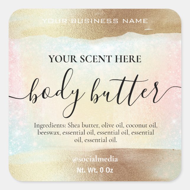 Pastel Rainbow Glitter Gold Body Butter Square Sticker (Front)