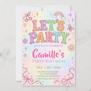 Pastel Rainbow Glitter Let’s Party Birthday Invitation