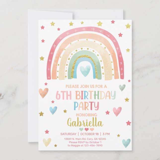 Pastel rainbow gold girl birthday invite. invitation (Front)